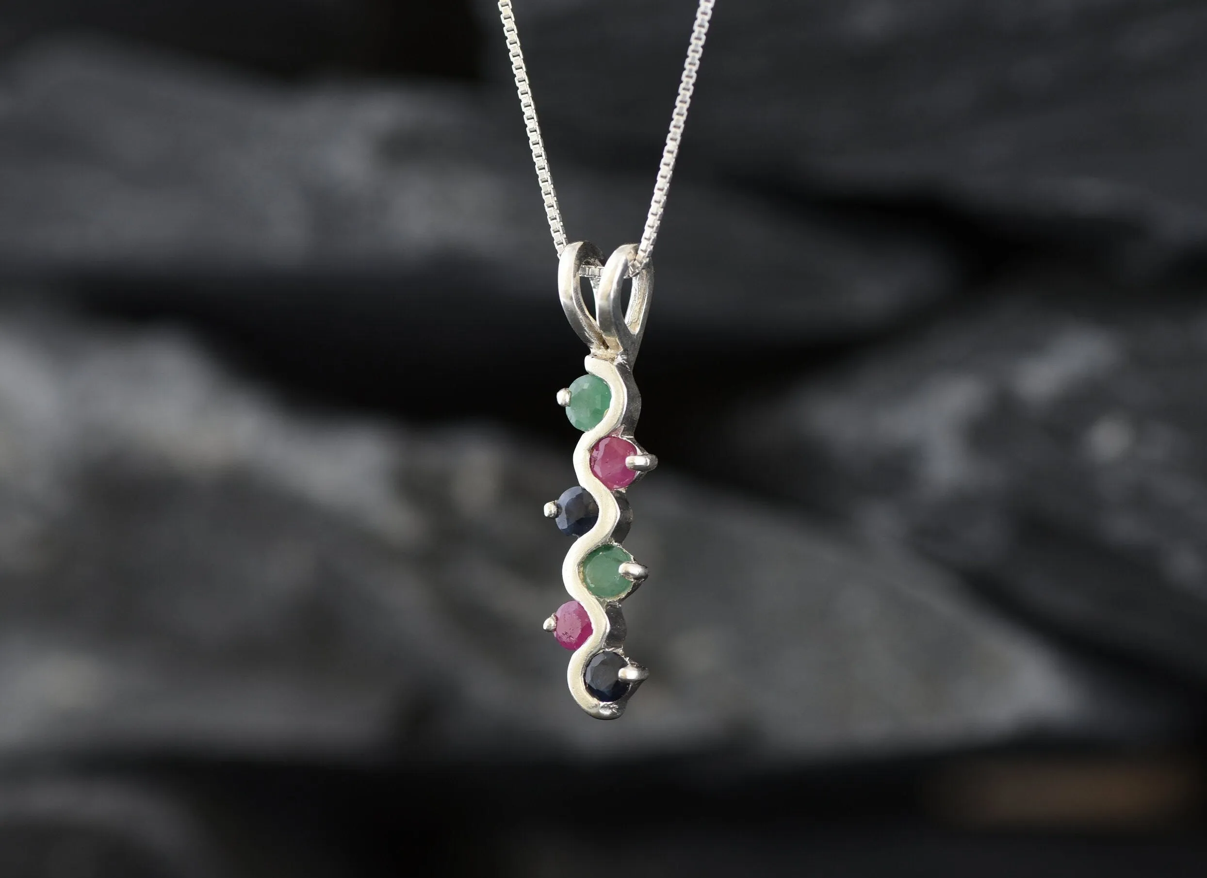 Long Coloful Pendant - Emerald Sapphire Ruby Necklace, Multistone Pendant