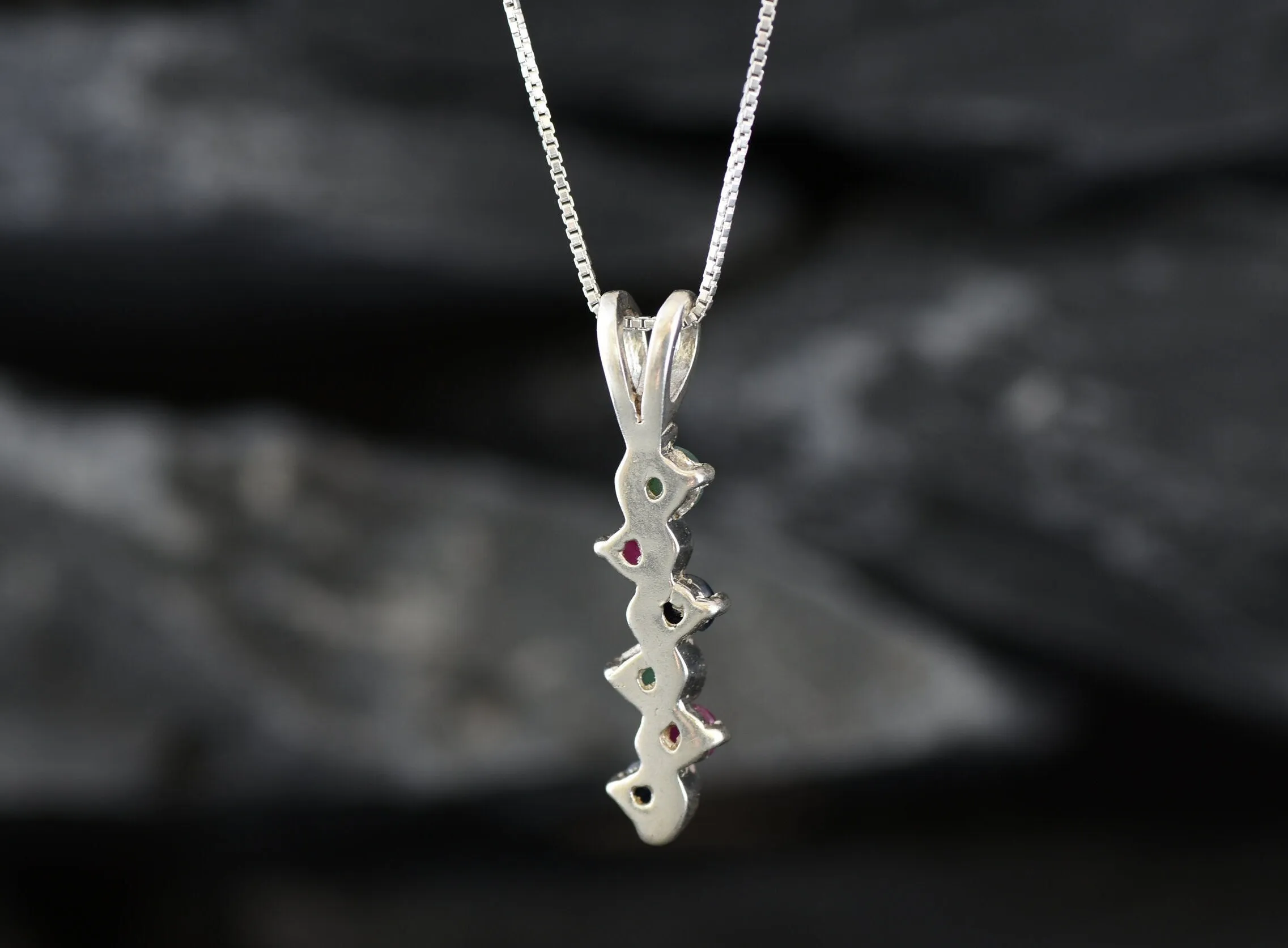 Long Coloful Pendant - Emerald Sapphire Ruby Necklace, Multistone Pendant