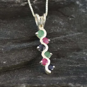Long Coloful Pendant - Emerald Sapphire Ruby Necklace, Multistone Pendant