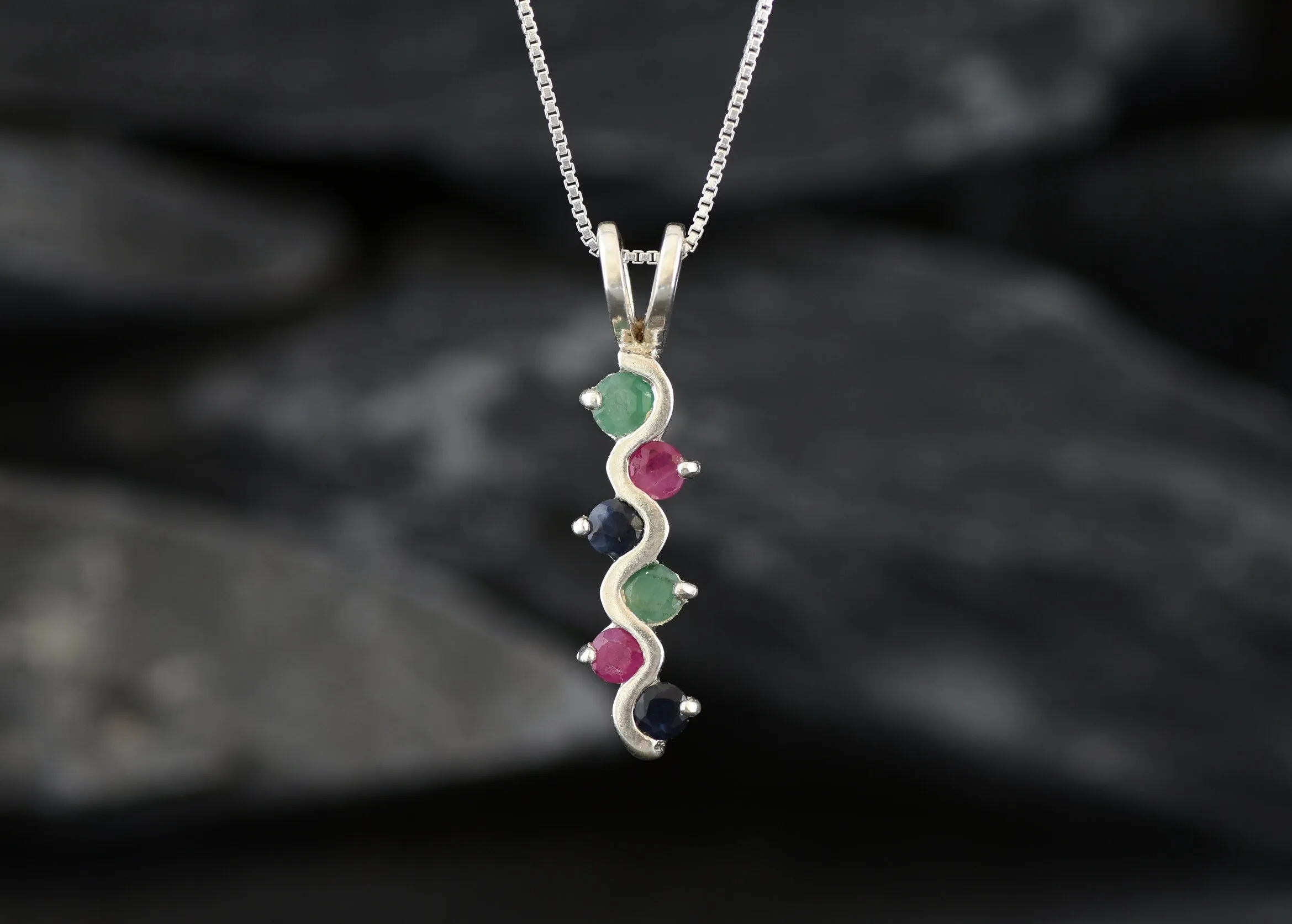 Long Coloful Pendant - Emerald Sapphire Ruby Necklace, Multistone Pendant