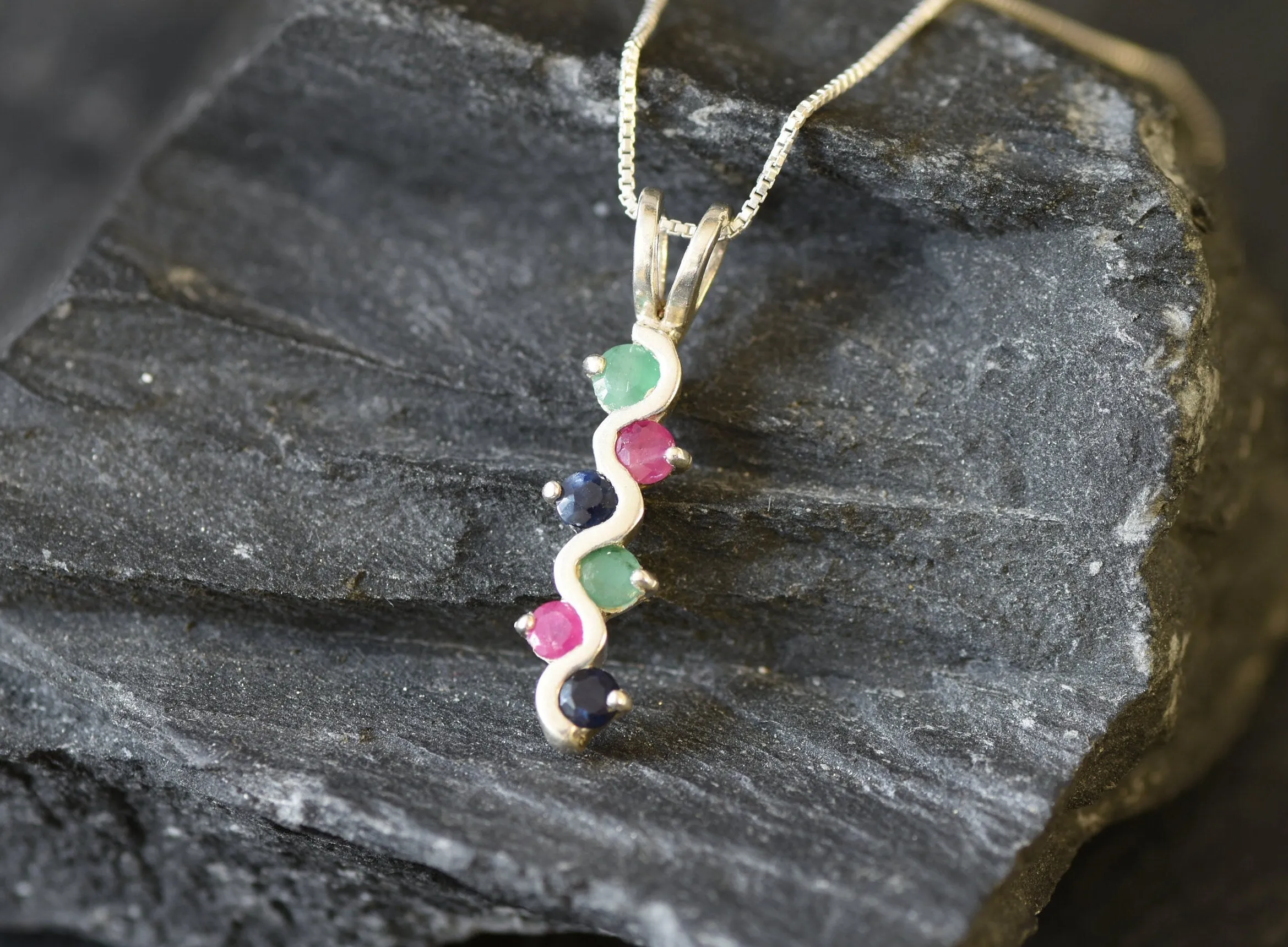 Long Coloful Pendant - Emerald Sapphire Ruby Necklace, Multistone Pendant