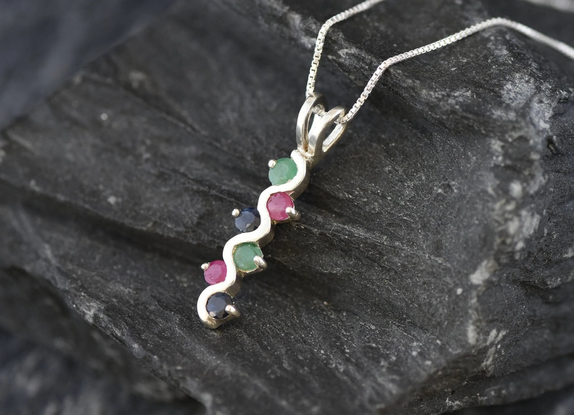 Long Coloful Pendant - Emerald Sapphire Ruby Necklace, Multistone Pendant