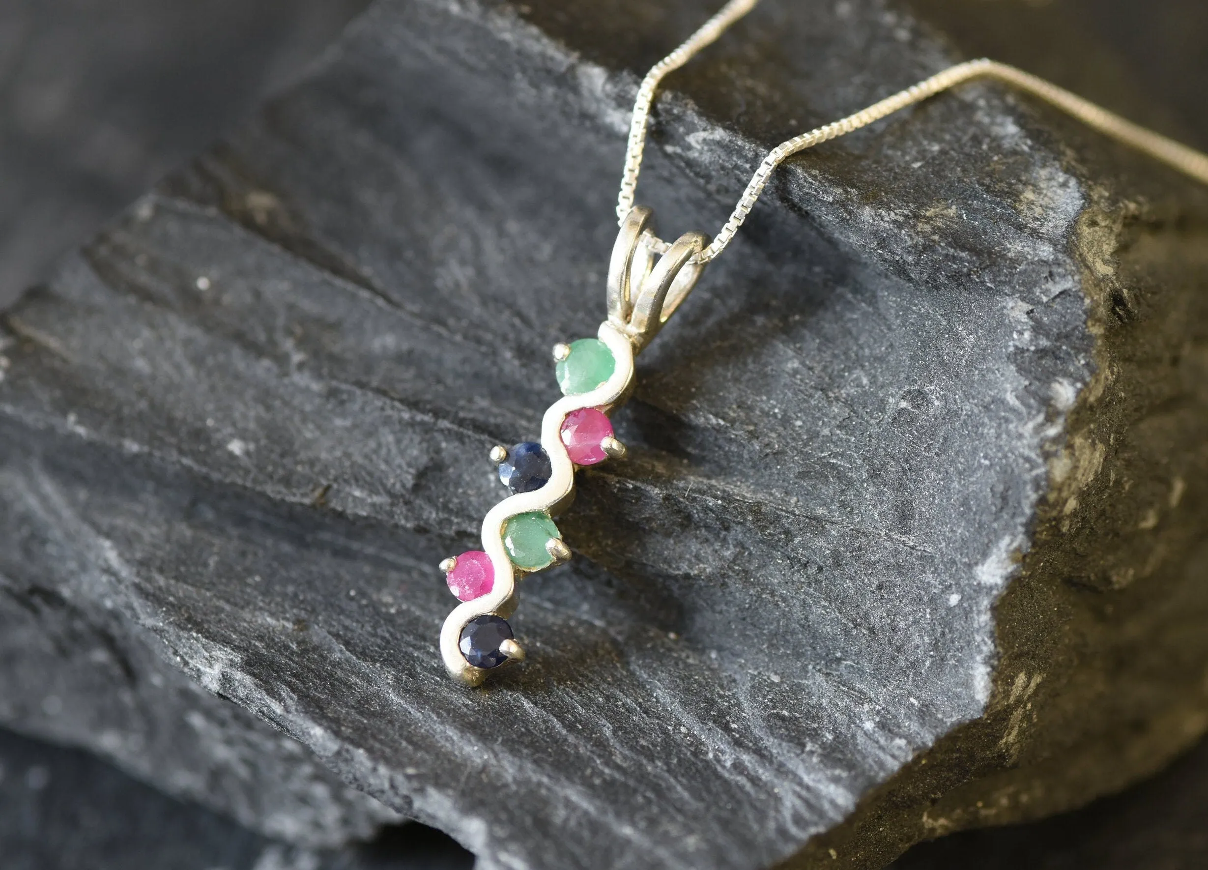 Long Coloful Pendant - Emerald Sapphire Ruby Necklace, Multistone Pendant
