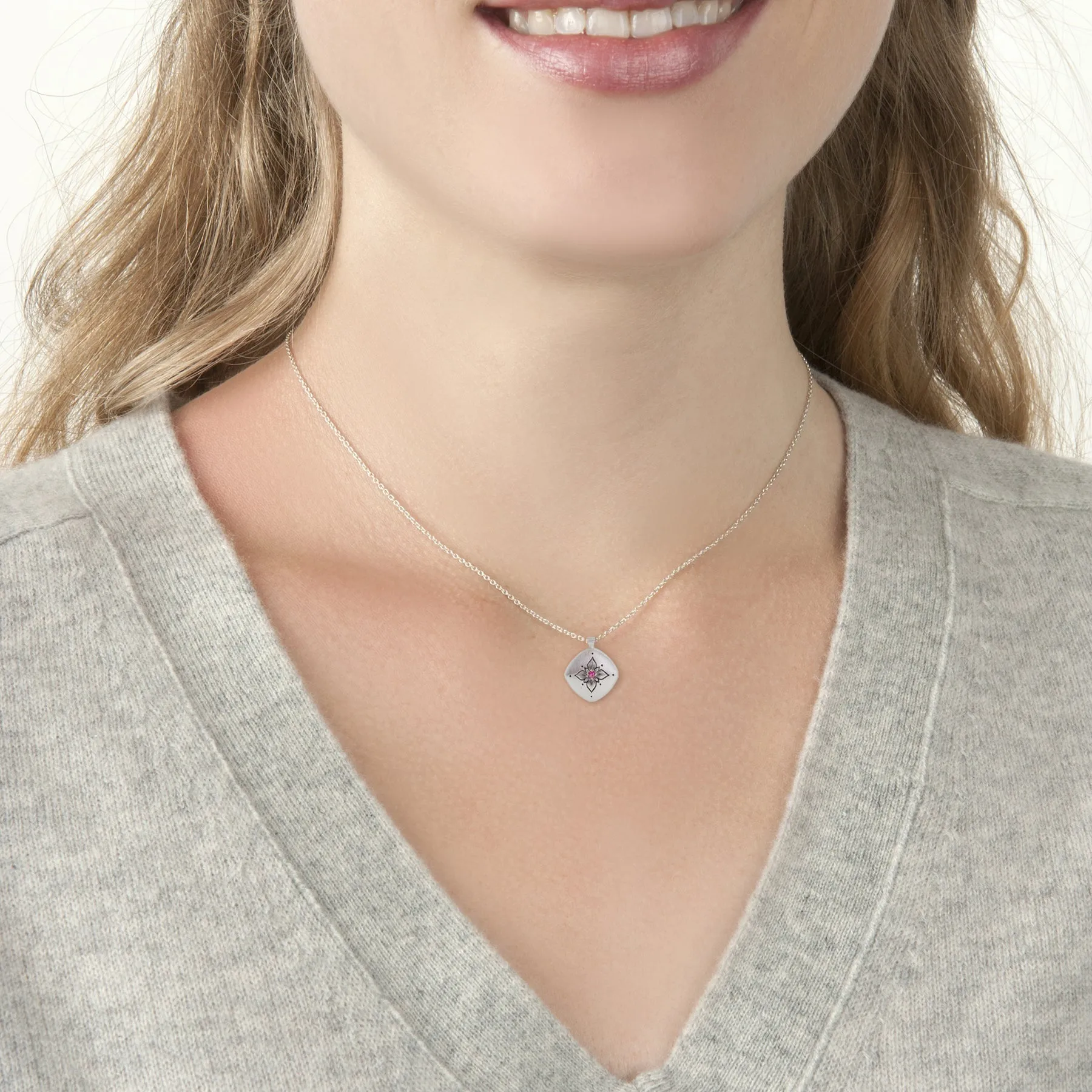 Lotus Cushion Pendant with Ruby in Sterling Silver by Adel Chefridi