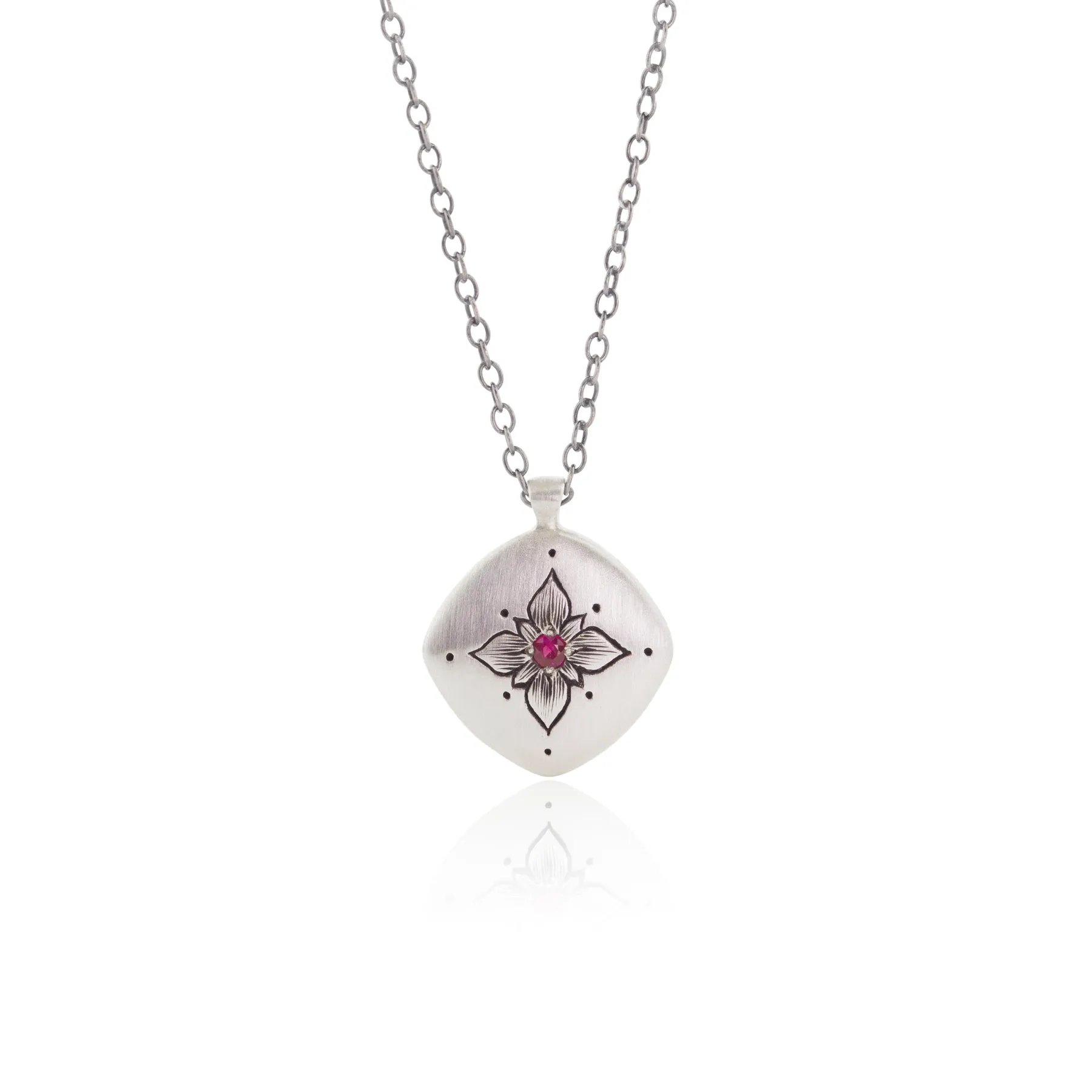 Lotus Cushion Pendant with Ruby in Sterling Silver by Adel Chefridi