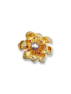 LOTUS FLOWER BROOCH IN MICRON SETTING WITH PURLE SOUTH SEA PEARL