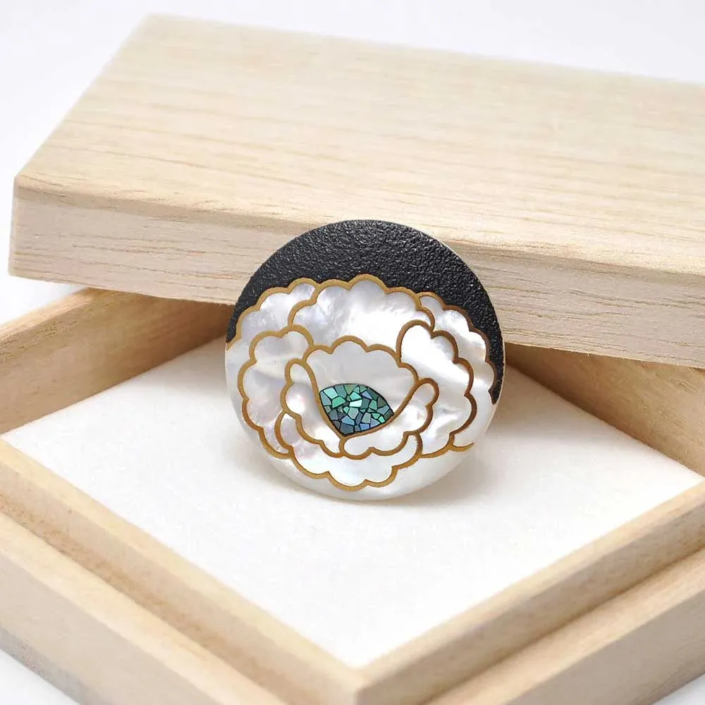 Maki-e Urushi Lacquer Brooch - White South Sea Pearl Shell / Peony -, Traditional Japanese Urushi Lacquer Jewelry