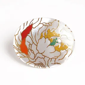 Maki-e Urushi Lacquer Brooch - White South Sea Pearl Shell / Peony -, Traditional Japanese Urushi Lacquer Jewelry