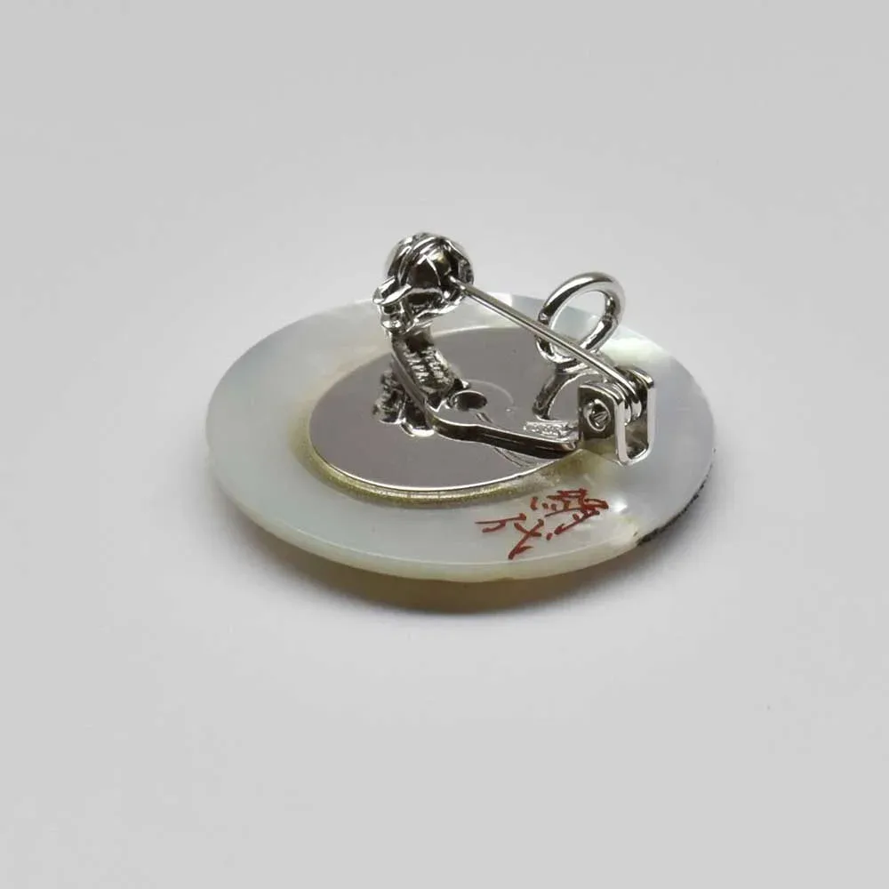 Maki-e Urushi Lacquer Brooch - White South Sea Pearl Shell / Peony -, Traditional Japanese Urushi Lacquer Jewelry