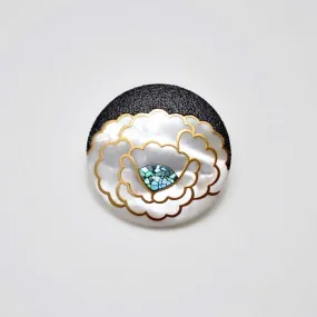 Maki-e Urushi Lacquer Brooch - White South Sea Pearl Shell / Peony -, Traditional Japanese Urushi Lacquer Jewelry