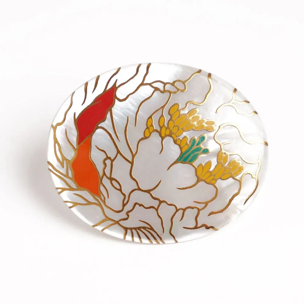 Maki-e Urushi Lacquer Brooch - White South Sea Pearl Shell / Peony -, Traditional Japanese Urushi Lacquer Jewelry