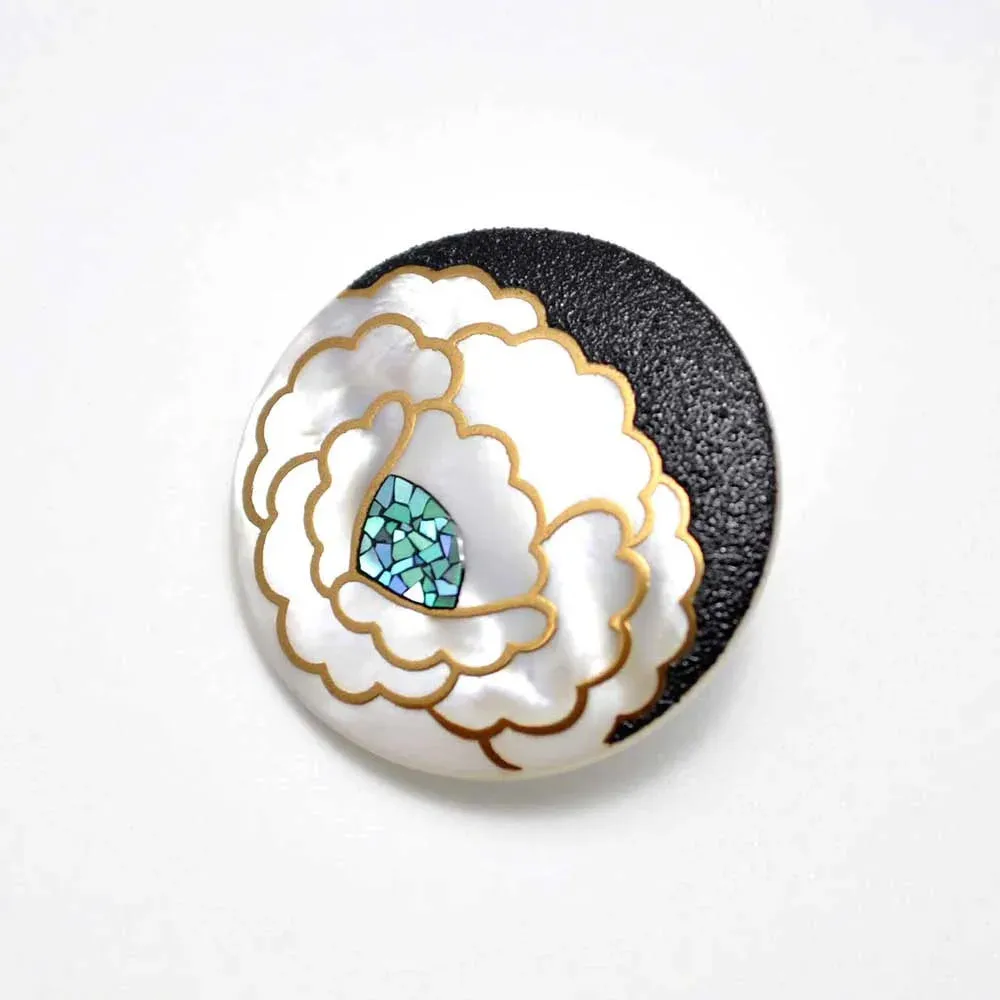 Maki-e Urushi Lacquer Brooch - White South Sea Pearl Shell / Peony -, Traditional Japanese Urushi Lacquer Jewelry