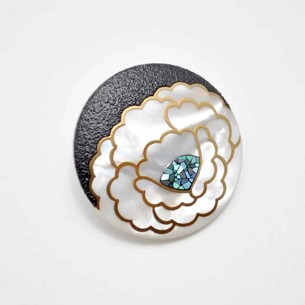 Maki-e Urushi Lacquer Brooch - White South Sea Pearl Shell / Peony -, Traditional Japanese Urushi Lacquer Jewelry