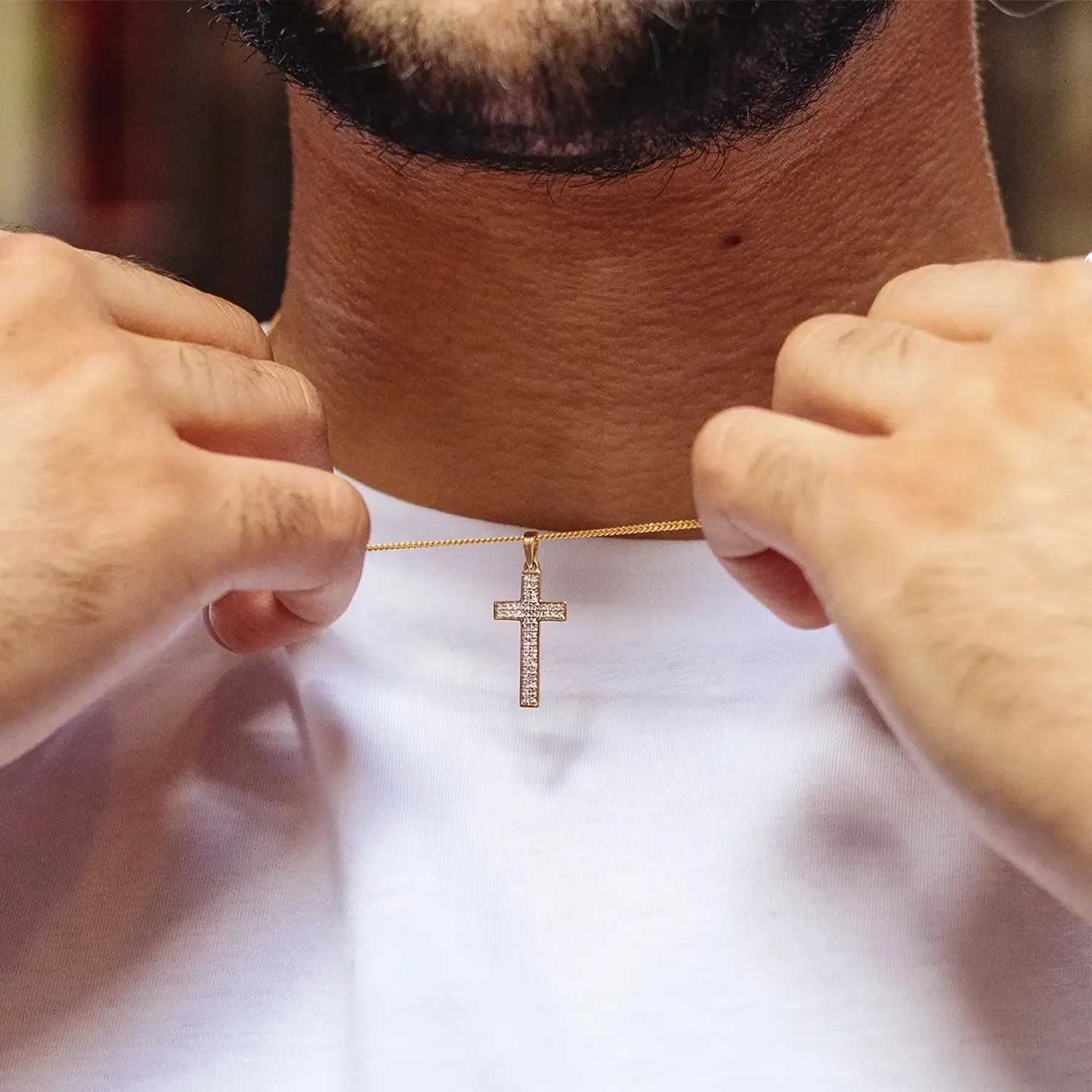Men's Diamond Cross Necklace in Solid White Gold