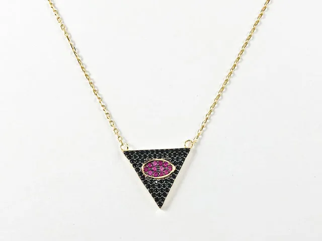 Modern Triangle With Oval Center Design With Micro Ruby & Black CZ Silver Necklace