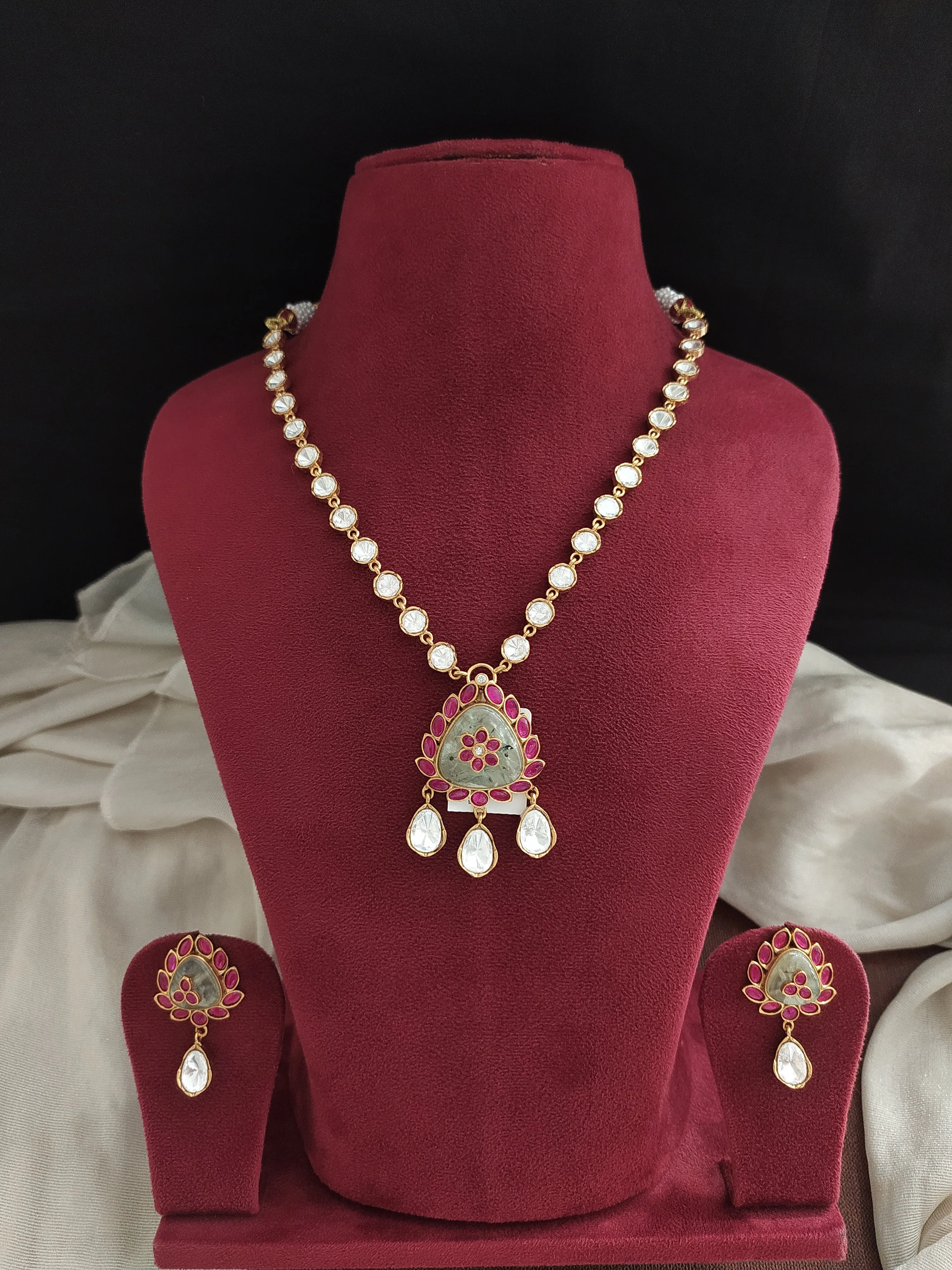 Moissanite Necklace Set with Quartz, Kundan, and Moissanite Stones in White and Ruby