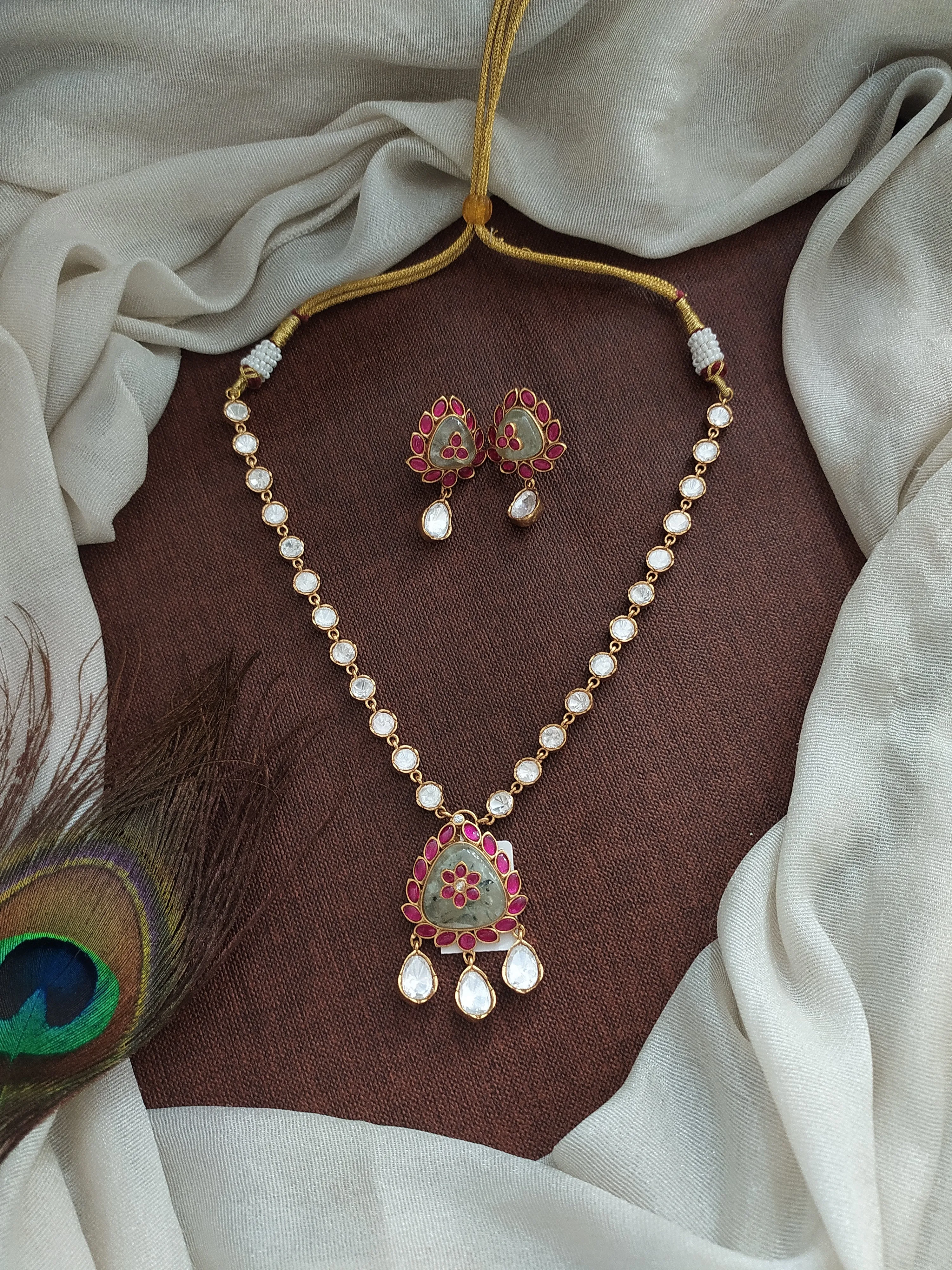 Moissanite Necklace Set with Quartz, Kundan, and Moissanite Stones in White and Ruby