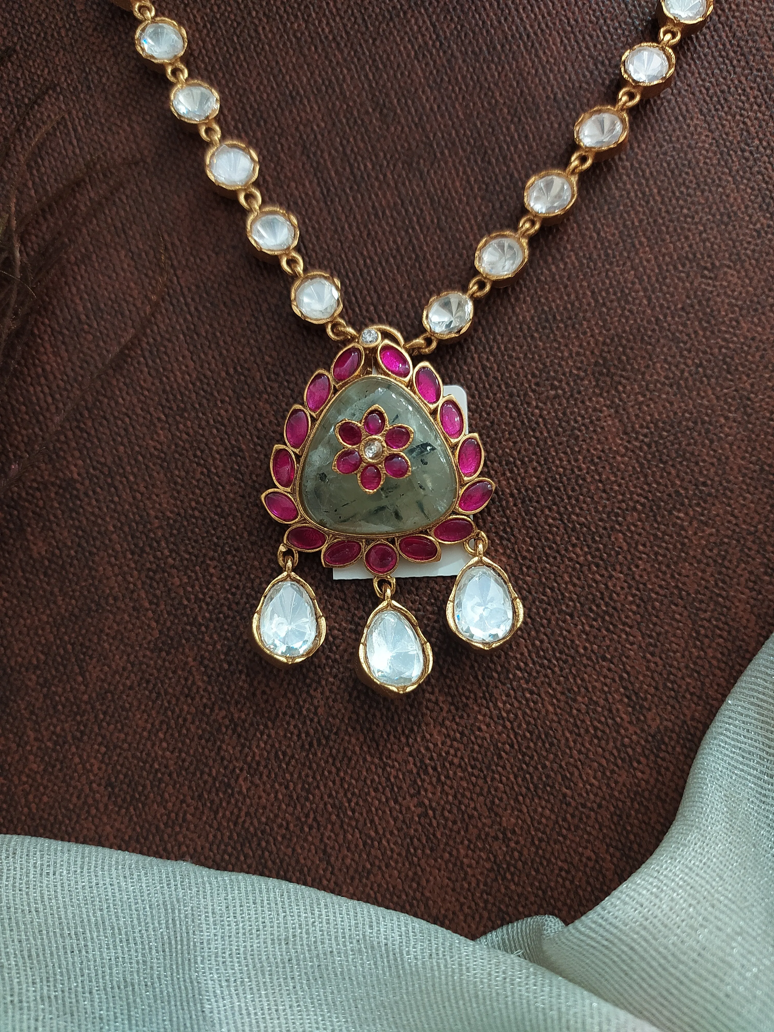 Moissanite Necklace Set with Quartz, Kundan, and Moissanite Stones in White and Ruby
