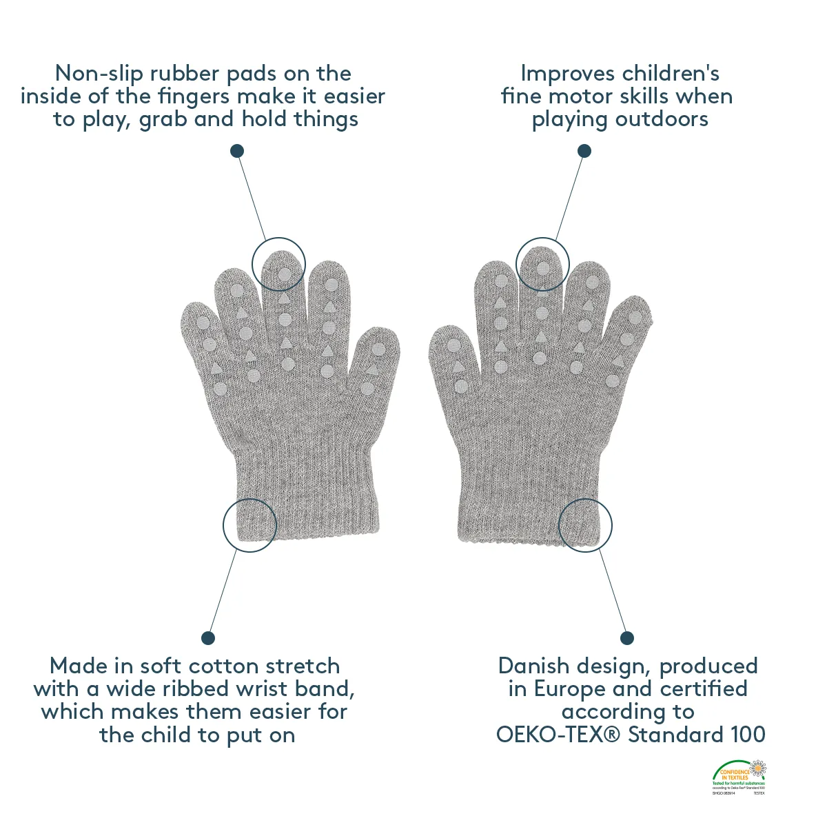 Non-Slip Grip Gloves for Babies and Toddlers - Organic Cotton - Grey Melange