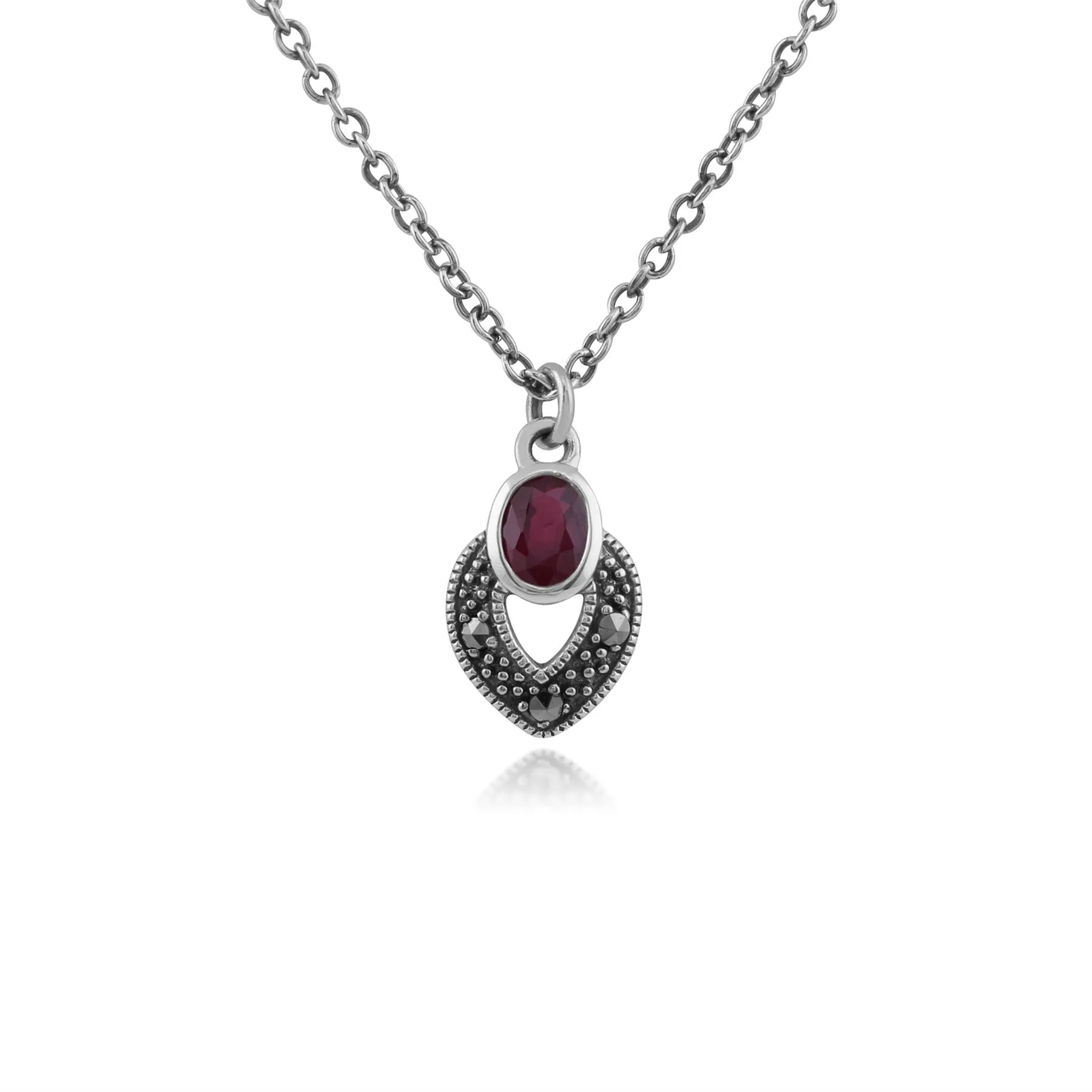 Ovale Rubin & Markasit Halskette in 925 Sterling Silber