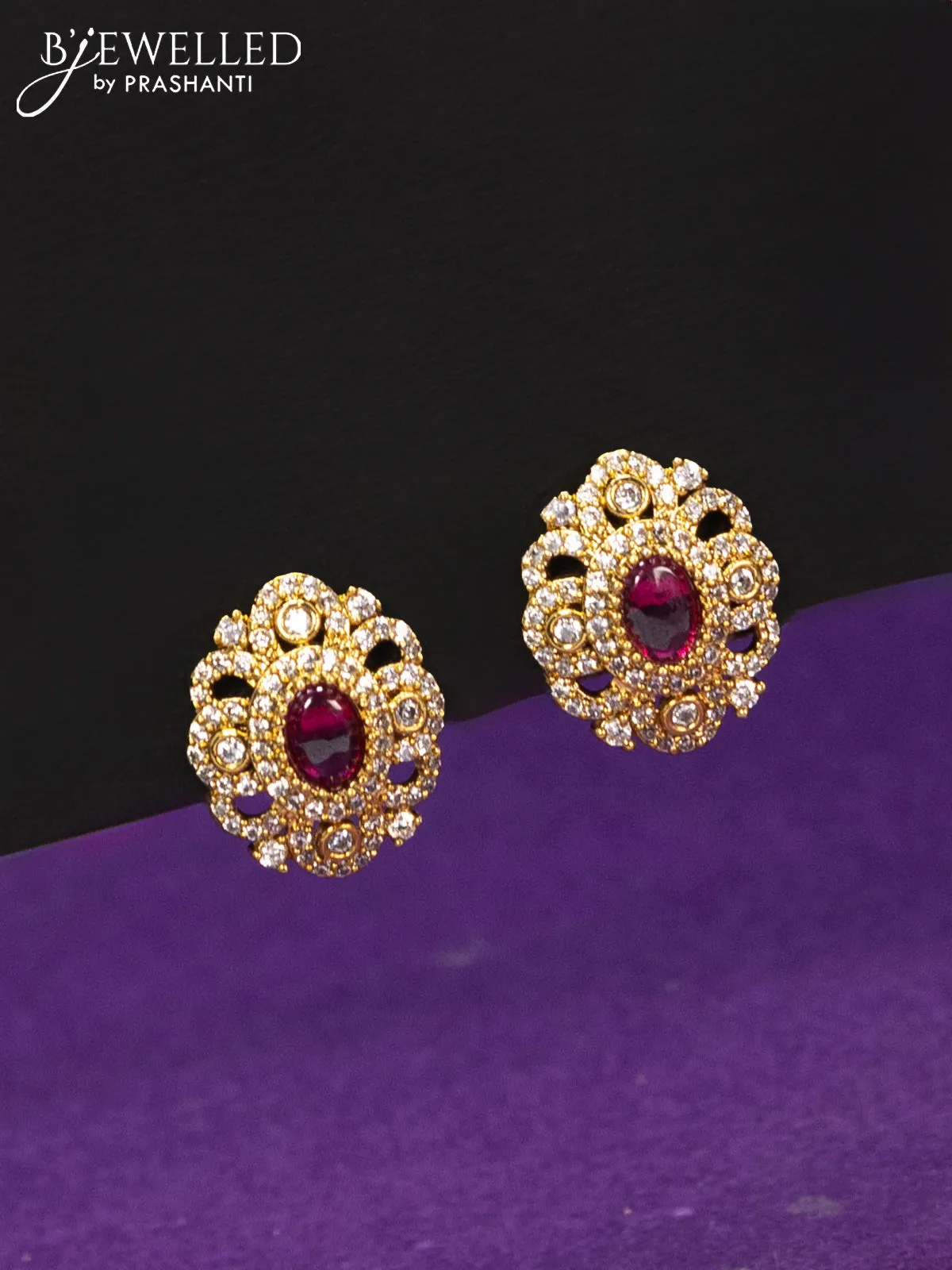 Pearl necklace with ruby and cz stones