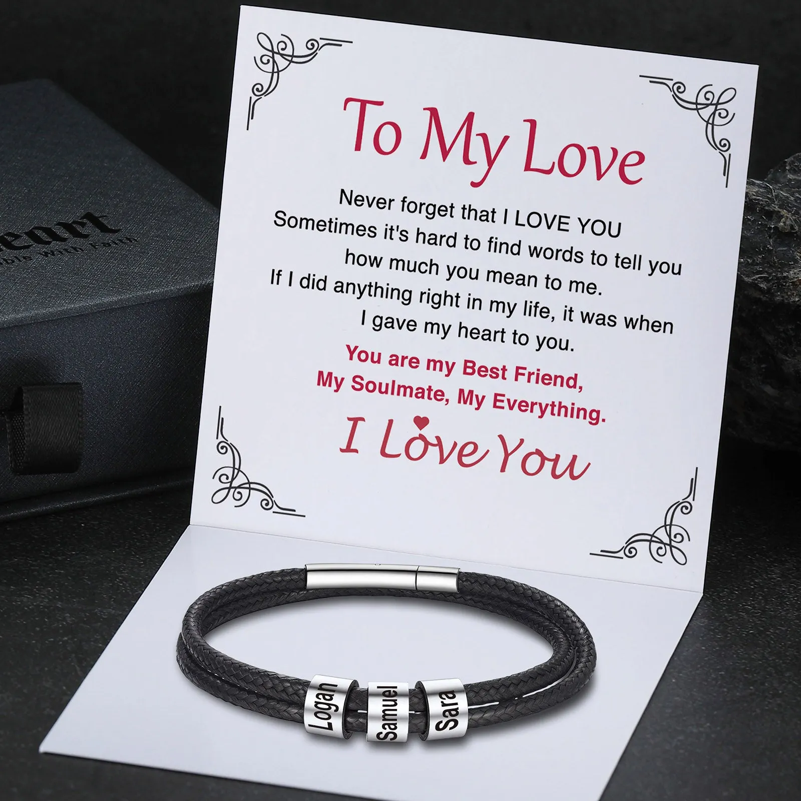 Personalized Braided Leather Bracelet With Custom Beads for Men Dad Husband