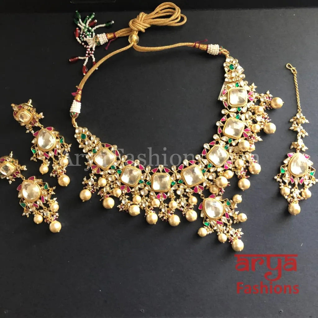 Rajwadi Ruby Bridal Kundan Necklace Set with Pearl Drops