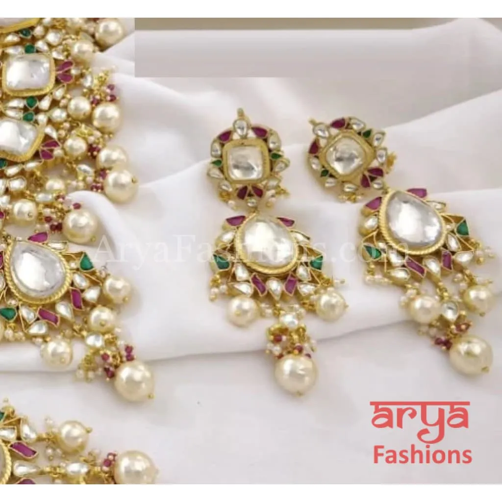Rajwadi Ruby Bridal Kundan Necklace Set with Pearl Drops