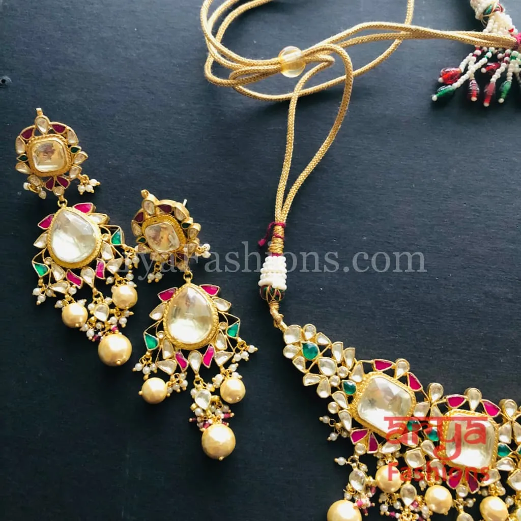 Rajwadi Ruby Bridal Kundan Necklace Set with Pearl Drops