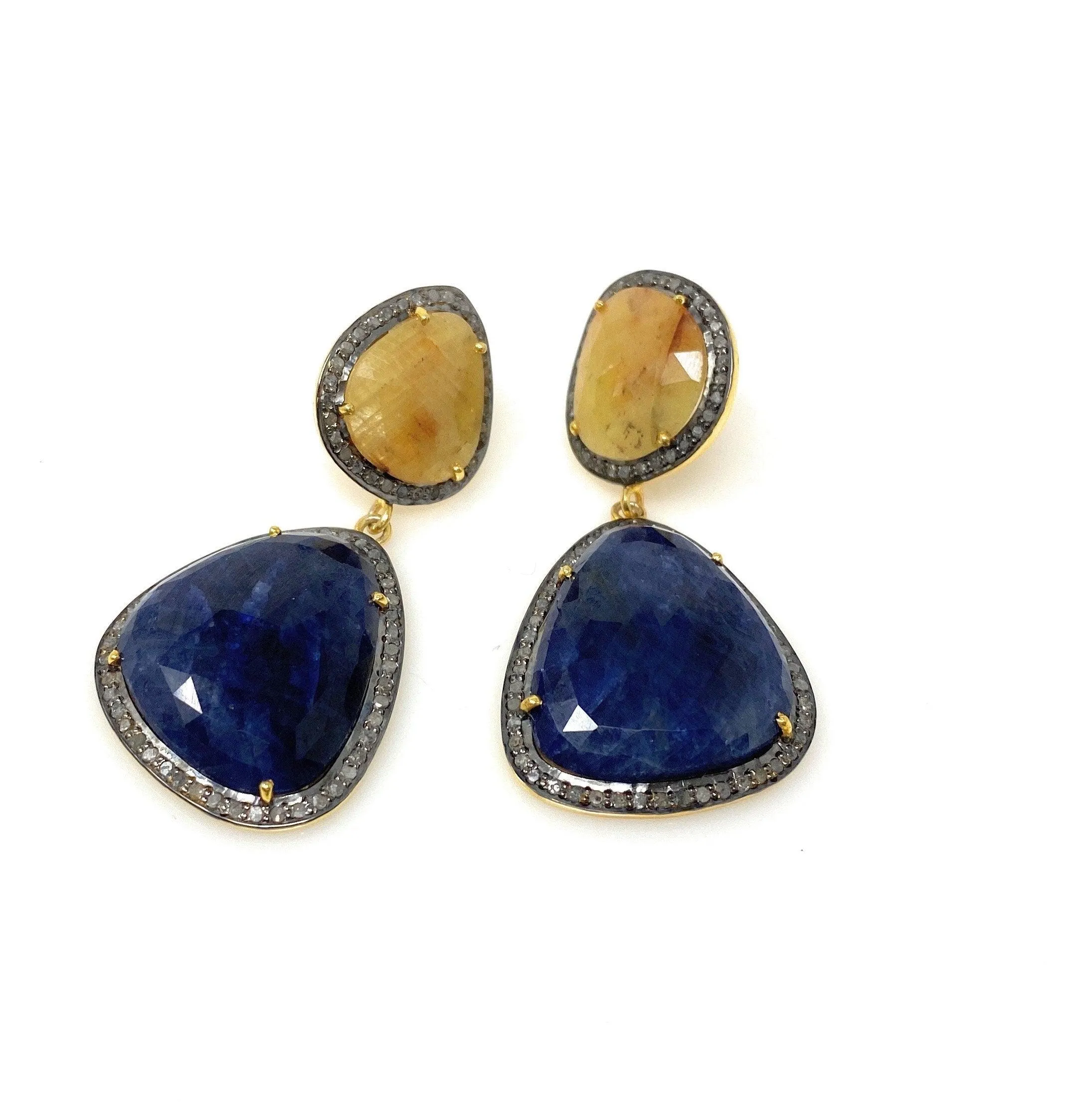 Rare Yellow and Blue Sapphire Pave Diamond Earrings, Sapphire
