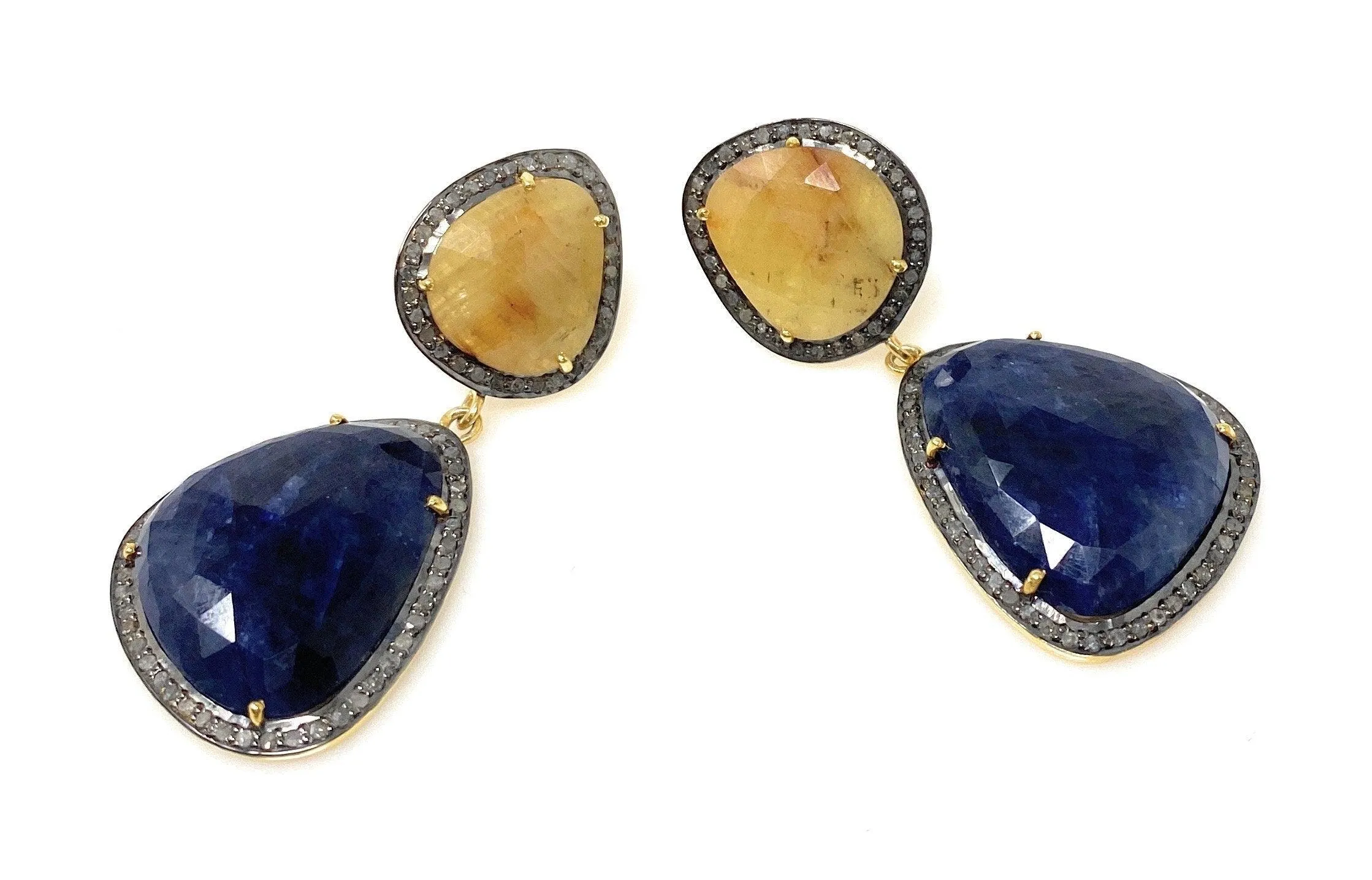 Rare Yellow and Blue Sapphire Pave Diamond Earrings, Sapphire