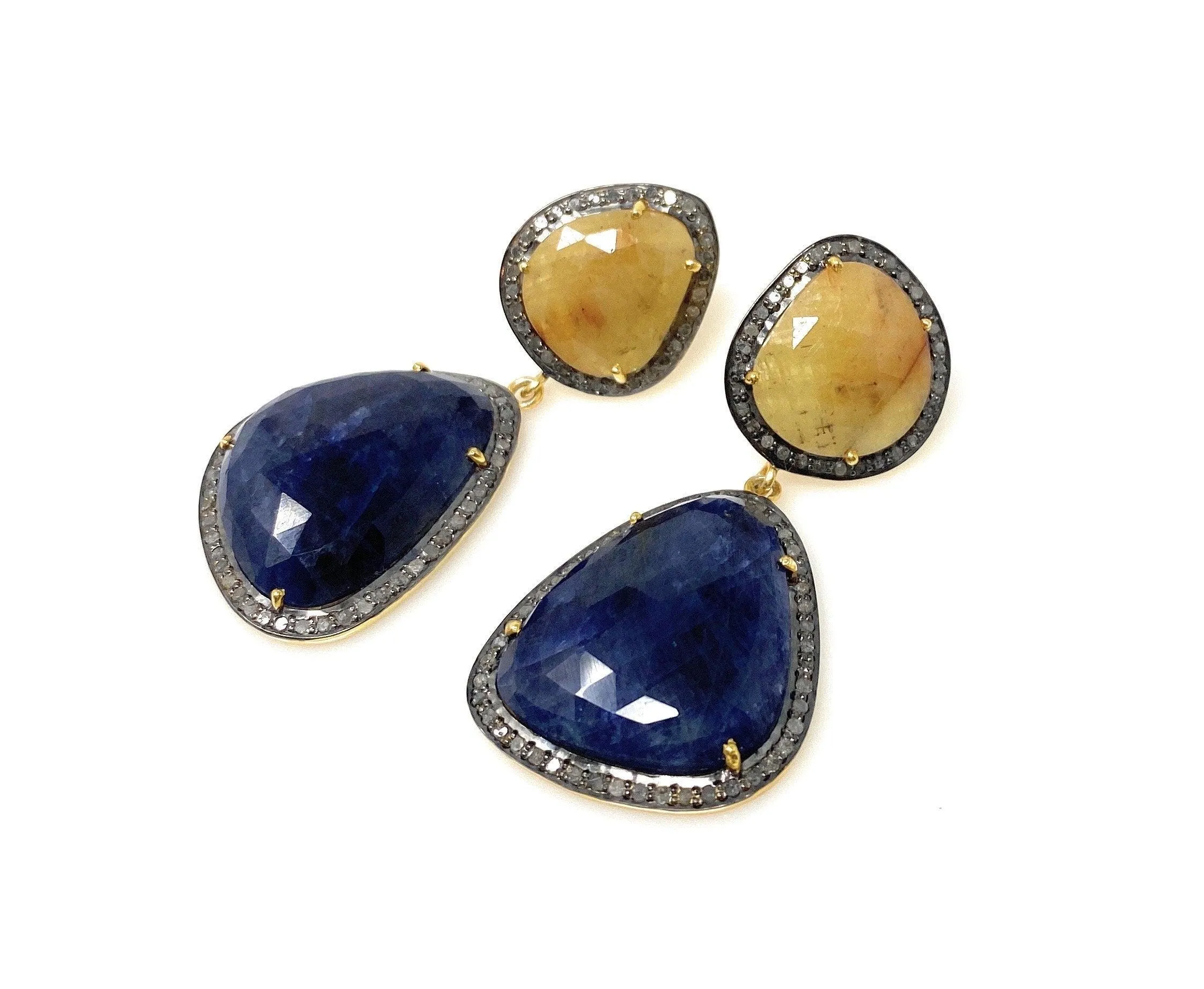 Rare Yellow and Blue Sapphire Pave Diamond Earrings, Sapphire