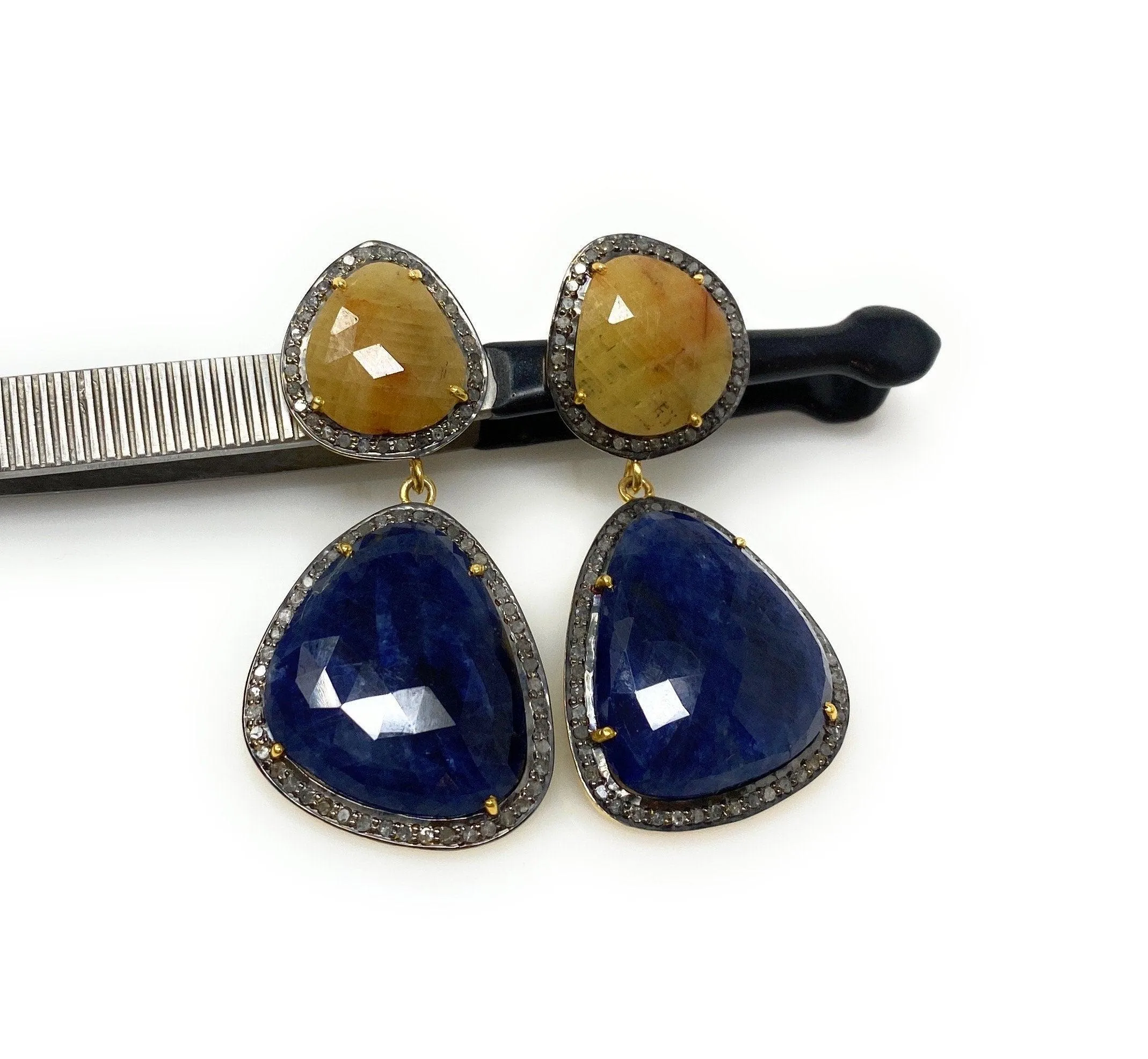 Rare Yellow and Blue Sapphire Pave Diamond Earrings, Sapphire