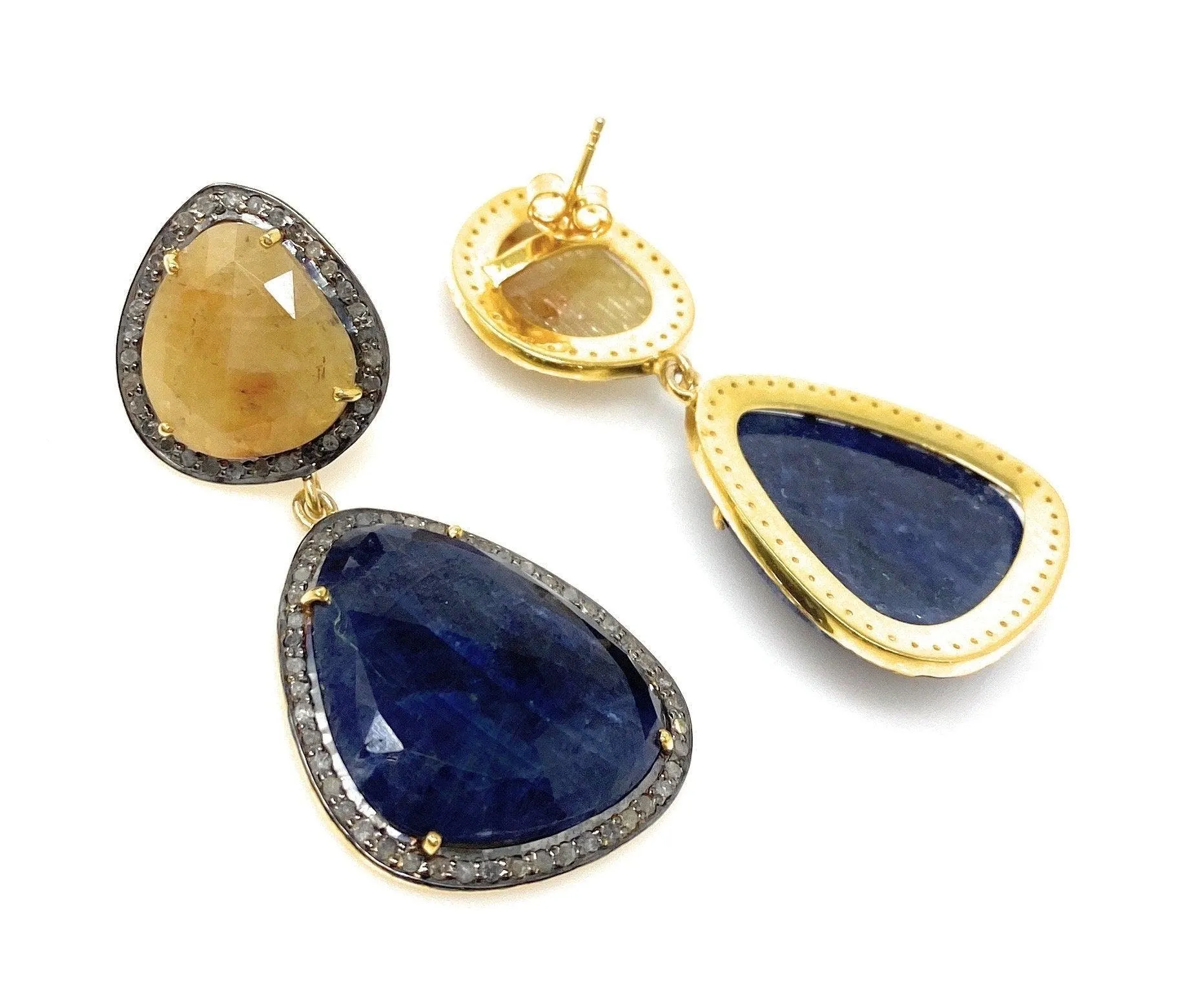 Rare Yellow and Blue Sapphire Pave Diamond Earrings, Sapphire