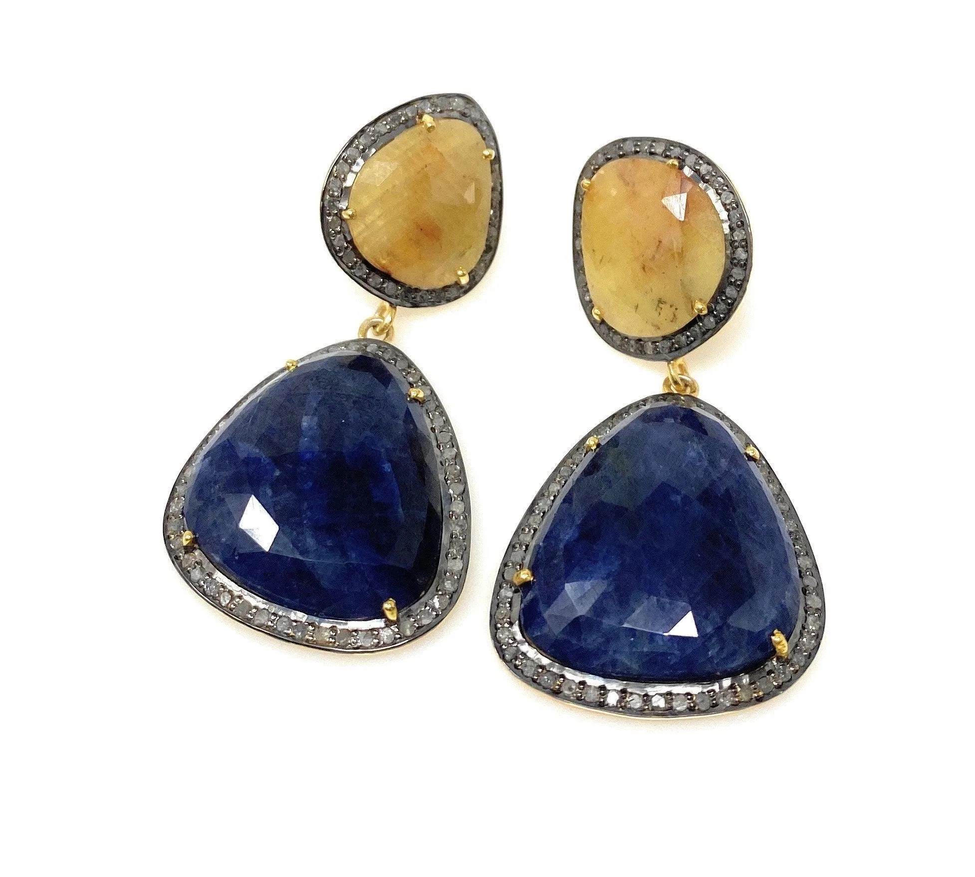 Rare Yellow and Blue Sapphire Pave Diamond Earrings, Sapphire