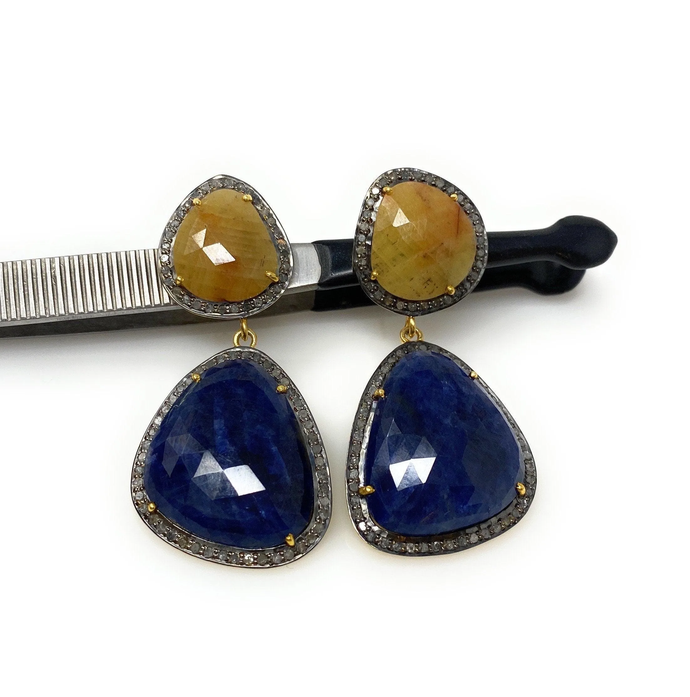 Rare Yellow and Blue Sapphire Pave Diamond Earrings, Sapphire