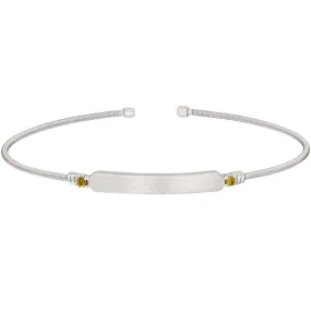 Rhodium Finish Sterling Silver Cable Cuff Bracelet with Name Plate and Simulated Peridot Birth Gems - August