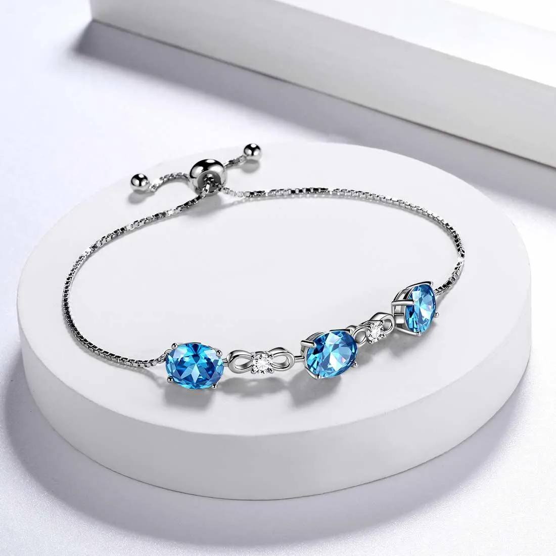 Round Birthstone March Aquamarine Bracelet Women Girls Jewelry Birthday Gift Sterling Silver