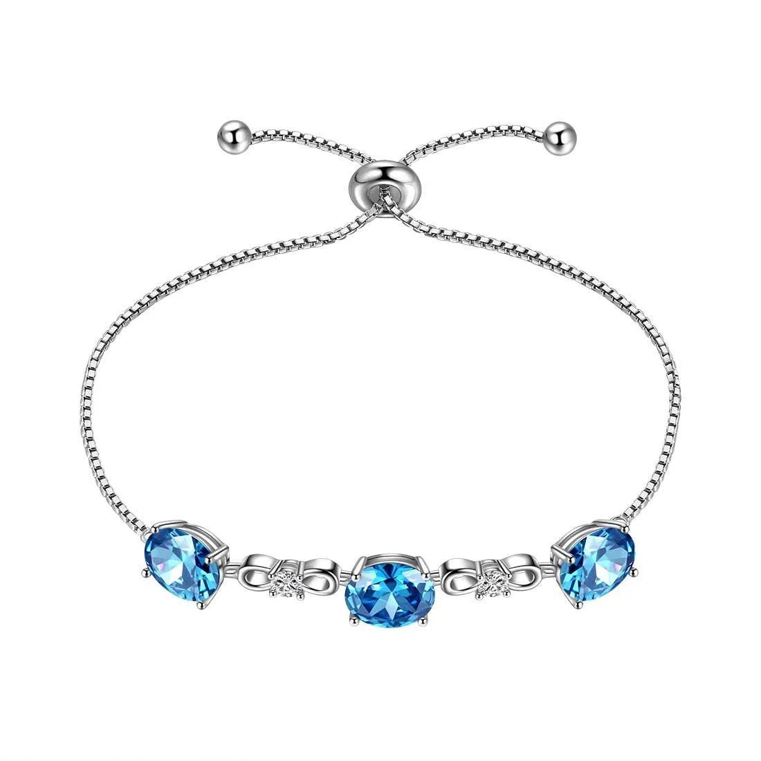 Round Birthstone March Aquamarine Bracelet Women Girls Jewelry Birthday Gift Sterling Silver