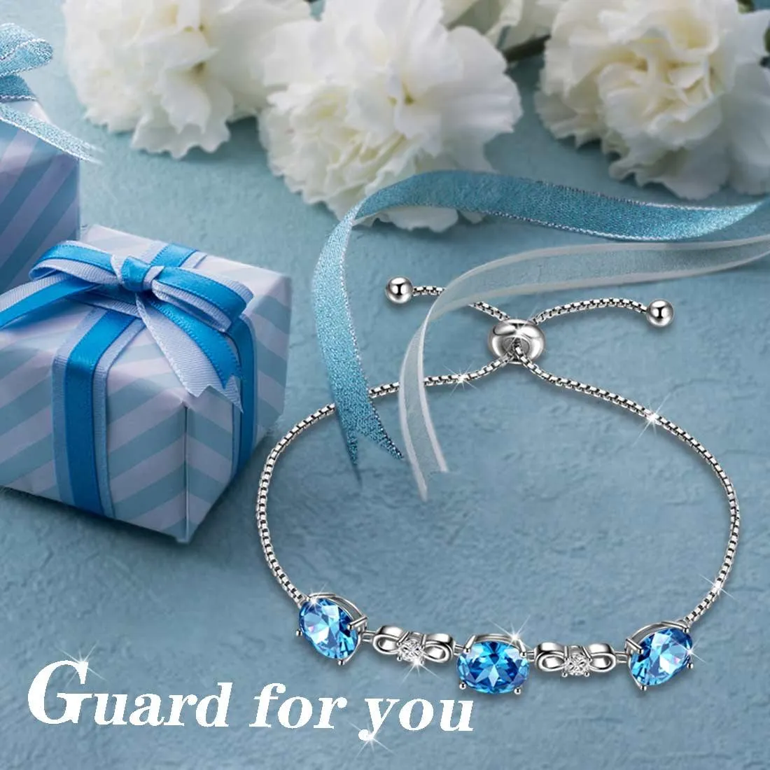 Round Birthstone March Aquamarine Bracelet Women Girls Jewelry Birthday Gift Sterling Silver