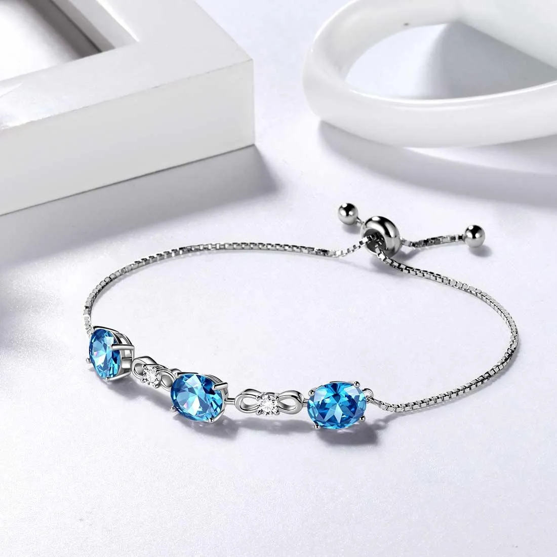 Round Birthstone March Aquamarine Bracelet Women Girls Jewelry Birthday Gift Sterling Silver
