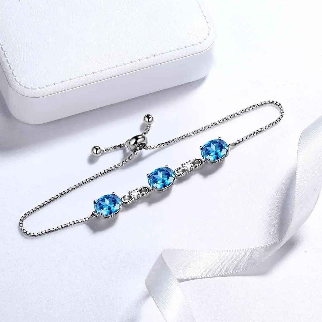 Round Birthstone March Aquamarine Bracelet Women Girls Jewelry Birthday Gift Sterling Silver