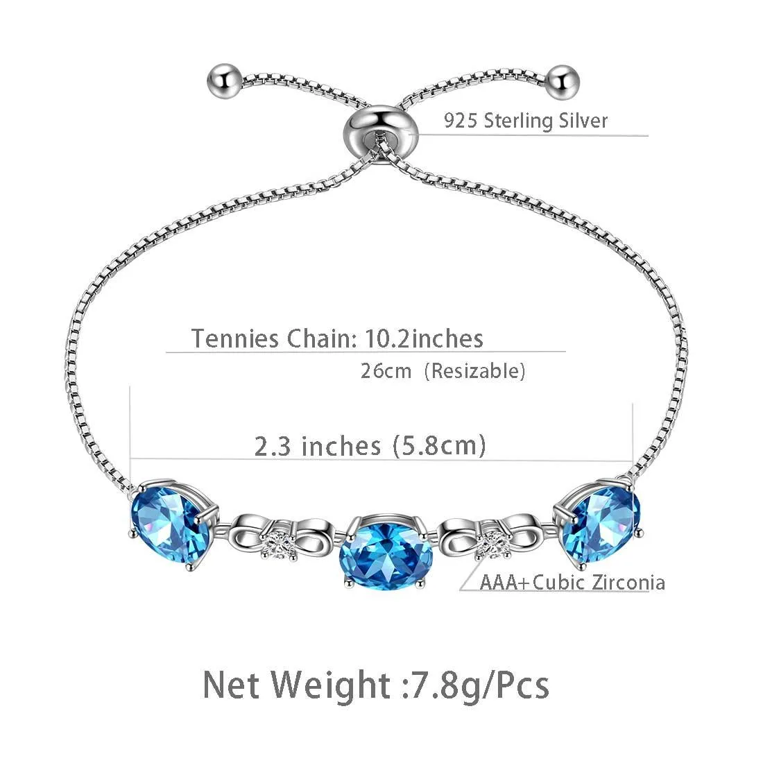 Round Birthstone March Aquamarine Bracelet Women Girls Jewelry Birthday Gift Sterling Silver