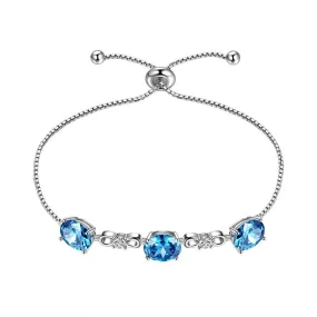 Round Birthstone March Aquamarine Bracelet Women Girls Jewelry Birthday Gift Sterling Silver