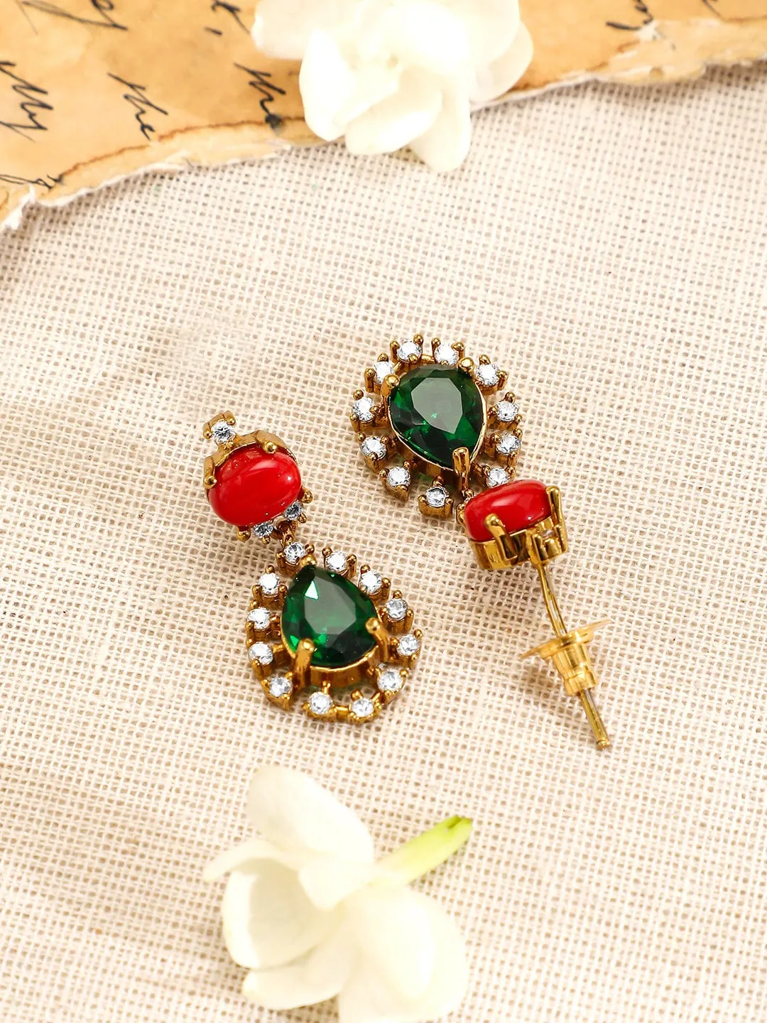 Rubans 22K Gold-Plated Emerald Cubic Zirconia Stone-Studded Necklace and Earrings