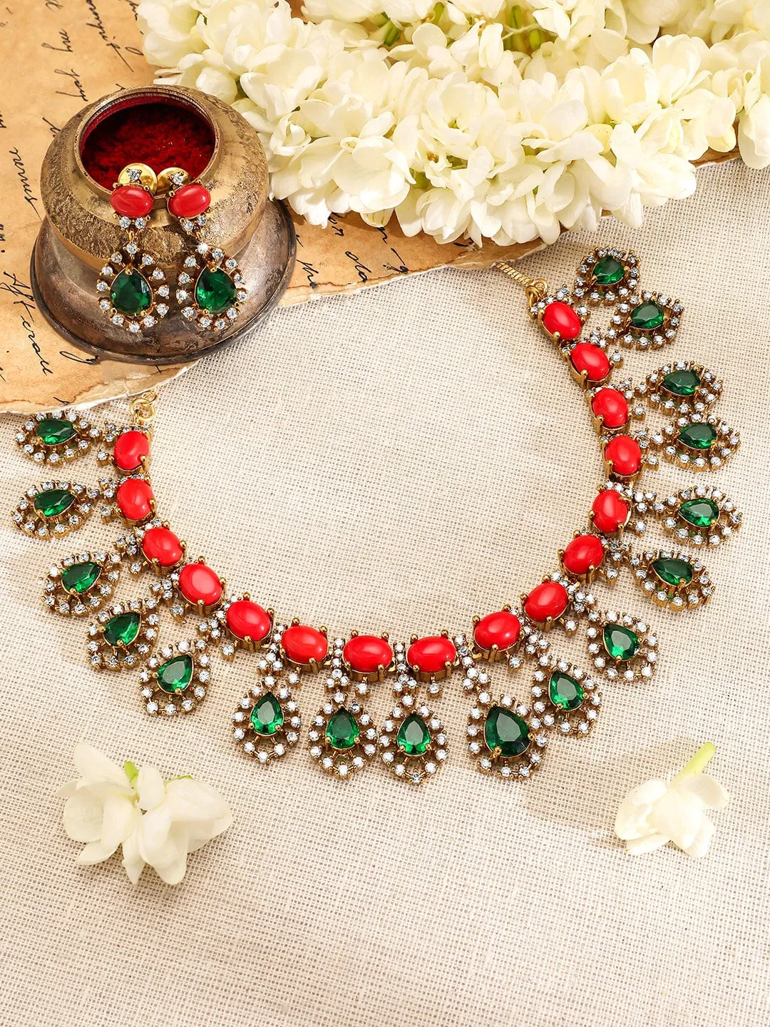 Rubans 22K Gold-Plated Emerald Cubic Zirconia Stone-Studded Necklace and Earrings