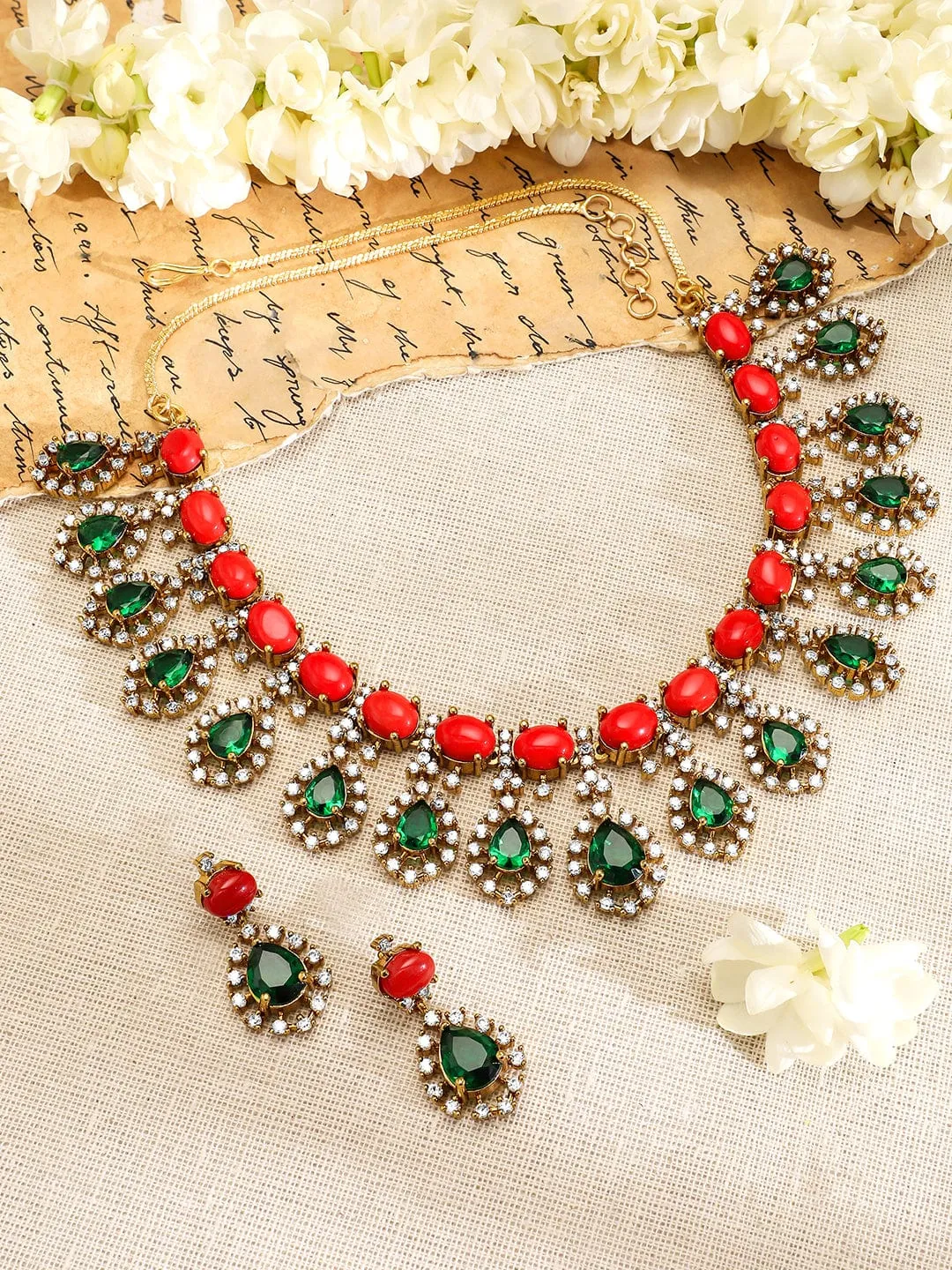 Rubans 22K Gold-Plated Emerald Cubic Zirconia Stone-Studded Necklace and Earrings