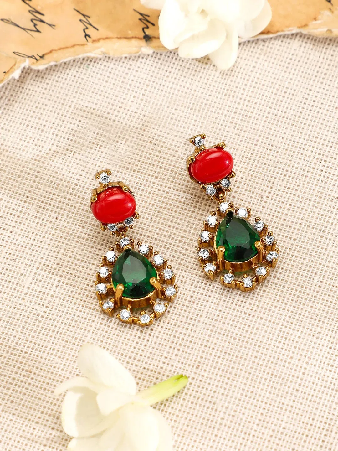 Rubans 22K Gold-Plated Emerald Cubic Zirconia Stone-Studded Necklace and Earrings