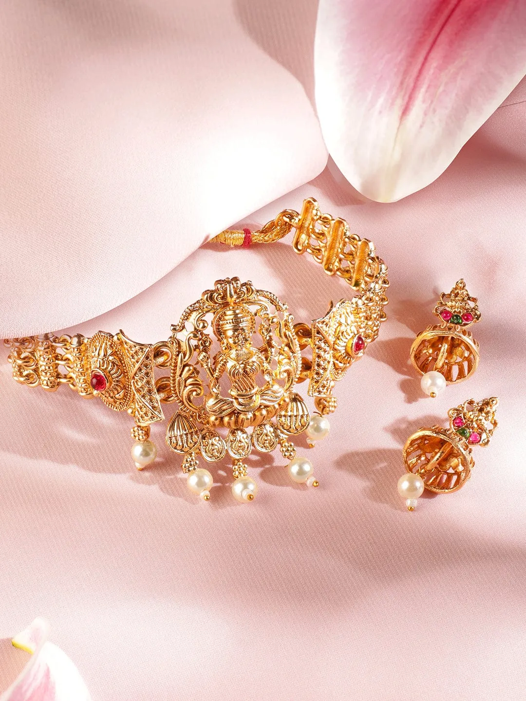Rubans 22K Gold Plated Lakshmi Motif Ruby Stones Studded Pearl Choker Jewellery Set