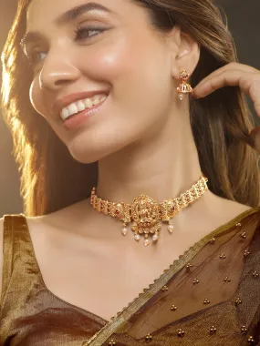 Rubans 22K Gold Plated Lakshmi Motif Ruby Stones Studded Pearl Choker Jewellery Set
